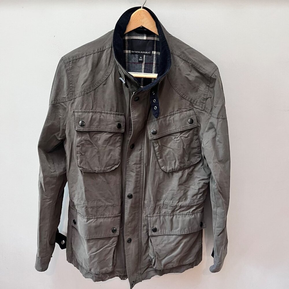 Banana Republic Women's Water‎ Resistant Wax Canvas Jacket M Olive Plaid Lining